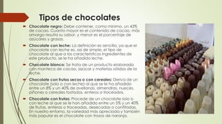 Tipos de chocolates 
 Chocolate negro: Debe contener, como mínimo, un 43% 
de cacao. Cuanto mayor es el contenido de cacao, más 
amargo resulta su sabor, y menor es el porcentaje de 
azúcares y grasas. 
 Chocolate con leche: La definición es sencilla, ya que el 
chocolate con leche es, así de simple, el tipo de 
chocolate al que a los característicos ingredientes de 
este producto, se le ha añadido leche. 
 Chocolate blanco: Se trata de un producto elaborado 
con manteca de cacao, azúcar y materias sólidas de la 
leche. 
 Chocolate con frutos secos o con cereales: Deriva de un 
chocolate (solo o con leche) al que se le ha añadido 
entre un 8% y un 40% de avellanas, almendras, nueces, 
piñones o cereales tostados, enteros o troceados. 
 Chocolate con frutas: Procede de un chocolate solo o 
con leche al que se le han añadido entre un 5% y un 40% 
de frutas, enteras o troceadas, desecadas o confitadas. 
En nuestro entorno, la variedad más apreciada y también 
más popular es el chocolate con trozos de naranja. 
 
