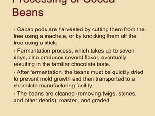 Processing of Cocoa
Beans
 Cacao pods are harvested by cutting them from the
tree using a machete, or by knocking them off the
tree using a stick.
 Fermentation process, which takes up to seven
days, also produces several flavor, eventually
resulting in the familiar chocolate taste.
 After fermentation, the beans must be quickly dried
to prevent mold growth and then transported to a
chocolate manufacturing facility.
 The beans are cleaned (removing twigs, stones,
and other debris), roasted, and graded.
 