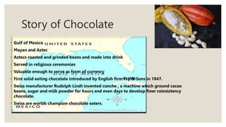 Story of Chocolate
◦ Gulf of Mexico
◦ Mayan and Aztec
◦ Aztecs roasted and grinded beans and made into drink
◦ Served in religious ceremonies
◦ Valuable enough to serve as form of currency
◦ First solid eating chocolate introduced by English firm Fry & Sons in 1847.
◦ Swiss manufacturer Rudolph Lindt invented conche , a machine which ground cacao
beans, sugar and milk powder for hours and even days to develop finer coinsistency
chocolate.
◦ Swiss are worlds champion chocolate eaters.
 