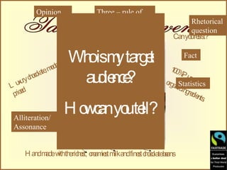 Opinion          Three – rule of.
                                                        Rhetorical
                                                        question
                                                   Canyo reis
                                                        u s t?


                   r l
                  eate
                      Wh ism targe
                      y o y t                           Fact
             , md
                o                                 10
                                                   0%
                       au nc?
                          die e
            te
         ooa
        h l
        cc
                                                      Pu  re
L u uy
    xr                                          oga Statistics
                                                 r n
                                                    icing
    e d                                                  re ie
 pric                                                      dn
                                                               ts.

 Alliteration/
                    H o c yo te
                       w an u ll?
 Assonance

                             Emotive words
     H andm w th ric et, c am s m andfinet c oo bans
           ade ith e h s re iet ilk     s h c late e
 