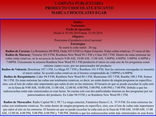 CAMPAÑA PUBLICITARIA
PRODUCTO CHOCOLATE ENCANTO
MARCA CHOCOLATES EGAR
Radios
Nacionales
Fecha de ejecución
Desde el 01-03-2014 hasta 31-05-2014
Objetivo
Posicionar el producto a nivel nacional
Estrategias
Se usará la cuña radial. 20 seg.
Radios de Caracas: La Romántica 88.9FM, Onda 107.9 FM La Súper Estación. Todas cuñas rotativas, 15 veces al día.
Radios de Maracay: Victoria 103.9 FM, Rumbera New Word 95.1 FM y Cima 103.7 FM. Dentro de estas emisoras las
cuñas están rotativas, en la secuencia de horario 9:00 AM, 10:00 AM, 11:00 AM, 3:00PM, 4:00PM, 5:00PM, 6:00PM y
7:00PM. Únicamente la emisora Rumbera New Word 95.1 FM producirá el micro en cada uno de los programas como
mínimo cuatro veces, por ser patrocinador del producto.
Radios de Valencia: Bonchona 107.1 FM, La Mega 95.7 FM y Rumbera 101.9 FM. Son las emisoras encargadas en trasmitir
el micro radial. Se acordó cuñas rotativas en el horario comprendido de 2:00PM a 6:00PM.
Radios de Barquisimeto: Líder 94.9 FM, Rumbera New Word 89.1 FM, Buenísima 103.7 FM, Rumba 100.1 FM, Somos
94.1 FM. En estas emisoras las cuñas son totalmente rotativas, es decir, no están dentro de ningún programa en específico,
sino, con el lote de cuñas más importantes que salen al aire en las emisoras. El horario en que se puede escuchar la cuña está
en la línea de 9:00 AM, 10:00 AM, 11:00 AM, 12:00 M, 4:00 PM, 5:00 PM, 6:00 PM y 7:00 PM. Debido a que los
radioescuchas están más sintonizados en esas horas. Se cuenta solo con dos publicidades internas en dos programas por ser
patrocinadores del producto. En Líder 94.9 FM y en Rumbera New Word 89.1 FM.
Radios de Maracaibo: Radio Capital 90.3, 99.7 La mega estación, Fantástica Stereo C.A. 97.9 FM. En estas emisoras las
cuñas son totalmente rotativas. No están dentro de ningún programa en específico, sino, con el lote de cuñas más importantes
que salen al aire en las emisoras. El horario en que se puede escuchar la cuña está en la línea de 9:00 AM, 10:00 AM, 11:00
AM, 12:00 M, 4:00 PM, 5:00 PM, 6:00 PM y 7:00 PM. Debido a que los radioescuchas están más sintonizados en esas horas.

 