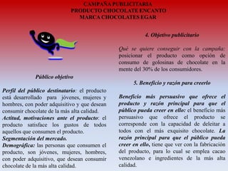 4. Objetivo publicitario

Qué se quiere conseguir con la campaña:
posicionar el producto como opción de
consumo de golosinas de chocolate en la
mente del 30% de los consumidores.
Público objetivo
5. Beneficio y razón para creerlo
Perfil del público destinatario: el producto
está desarrollado para jóvenes, mujeres y
hombres, con poder adquisitivo y que desean
consumir chocolate de la más alta calidad.
Actitud, motivaciones ante el producto: el
producto satisface los gustos de todos
aquellos que consumen el producto.
Segmentación del mercado.
Demográfica: las personas que consumen el
producto, son jóvenes, mujeres, hombres,
con poder adquisitivo, que desean consumir
chocolate de la más alta calidad.

Beneficio más persuasivo que ofrece el
producto y razón principal para que el
público pueda creer en ello: el beneficio más
persuasivo que ofrece el producto se
corresponde con la capacidad de deleitar a
todos con el más exquisito chocolate. La
razón principal para que el público pueda
creer en ello, tiene que ver con la fabricación
del producto, para lo cual se emplea cacao
venezolano e ingredientes de la más alta
calidad.

 