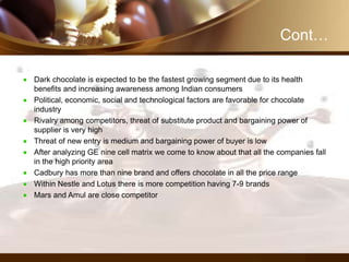 Cont…
Dark chocolate is expected to be the fastest growing segment due to its health
benefits and increasing awareness among Indian consumers
Political, economic, social and technological factors are favorable for chocolate
industry
Rivalry among competitors, threat of substitute product and bargaining power of
supplier is very high
Threat of new entry is medium and bargaining power of buyer is low
After analyzing GE nine cell matrix we come to know about that all the companies fall
in the high priority area
Cadbury has more than nine brand and offers chocolate in all the price range
Within Nestle and Lotus there is more competition having 7-9 brands
Mars and Amul are close competitor
 