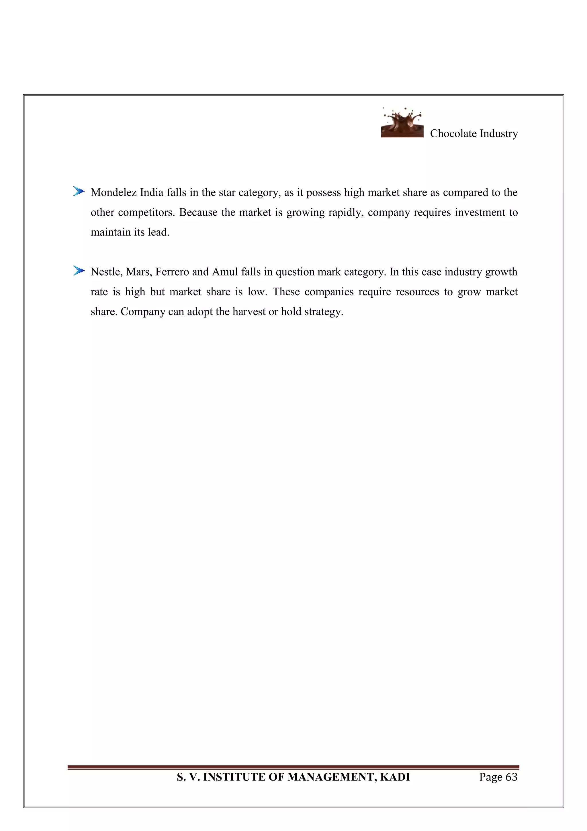 Chocolate Industry
S. V. INSTITUTE OF MANAGEMENT, KADI Page 63
Mondelez India falls in the star category, as it possess high market share as compared to the
other competitors. Because the market is growing rapidly, company requires investment to
maintain its lead.
Nestle, Mars, Ferrero and Amul falls in question mark category. In this case industry growth
rate is high but market share is low. These companies require resources to grow market
share. Company can adopt the harvest or hold strategy.
 