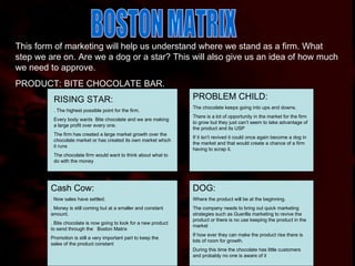 BOSTON MATRIX This form of marketing will help us understand where we stand as a firm. What step we are on. Are we a dog or a star? This will also give us an idea of how much we need to approve. PRODUCT: BITE CHOCOLATE BAR. DOG: Where the product will be at the beginning.  The company needs to bring out quick marketing strategies such as Guerilla marketing to revive the product or there is no use keeping the product in the market If how ever they can make the product rise there is lots of room for growth. During this time the chocolate has little customers and probably no one is aware of it PROBLEM CHILD: The chocolate keeps going into ups and downs.  There is a lot of opportunity in the market for the firm to grow but they just can’t seem to take advantage of the product and its USP If it isn’t revived it could once again become a dog in the market and that would create a chance of a firm having to scrap it. RISING STAR: . The highest possible point for the firm. Every body wants  Bite chocolate and we are making a large profit over every one. The firm has created a large market growth over the chocolate market or has created its own market which it runs The chocolate firm would want to think about what to do with the money Cash Cow: . Now sales have settled.  . Money is still coming but at a smaller and constant amount. . Bite chocolate is now going to look for a new product to send through the  Boston Matrix Promotion is still a very important part to keep the sales of the product constant 