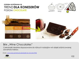 POTRZEBA WYRÓŻNIANIA SIĘ

  TREND DLA KONESERÓW
  POZIOM CHOCOLATE




Brix „Wine Chocolates”
Czekoladki idealnie dopasowane do różnych rodzajów win dzięki zróżnicowanej
zawartości kakao.
Źródło: www.luxlux.pl/artykul/czekoladki-do-wina-brix-9696


                                                                          102
 