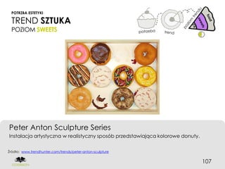 POTRZBA ESTETYKI

 TREND SZTUKA
 POZIOM SWEETS




Peter Anton Sculpture Series
Instalacja artystyczna w realistyczny sposób przedstawiająca kolorowe donuty.


Źródło: www.trendhunter.com/trends/peter-anton-sculpture


                                                                                107
 