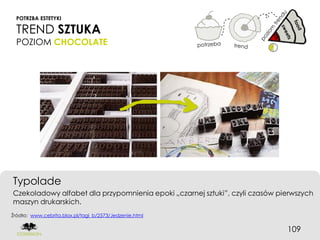 POTRZBA ESTETYKI

  TREND SZTUKA
  POZIOM CHOCOLATE




Typolade
Czekoladowy alfabet dla przypomnienia epoki „czarnej sztuki”, czyli czasów pierwszych
maszyn drukarskich.
Źródło: www.cebrita.blox.pl/tagi_b/2573/Jedzenie.html


                                                                             109
 