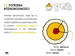 10. POTRZEBA
RÓŻNORODNOŚCI

Potrzeba różnorodności wiąże się ze
znudzeniem człowieka powtarzalnością
wrażeń i poszukiwaniu przez niego coraz
to nowych, różnorodnych bodźców
rozbudzających    w   nim   ciekawość
świata i stymulujących go do działania.




                                                TREND: IMITACJA
                                              TREND: FUSION
                                          TREND: NAUKA        111
 