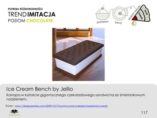 POTRZBA RÓŻNORODNOŚCI

 TREND IMITACJA
 POZIOM CHOCOLATE




Ice Cream Bench by Jellio
Kanapa w kształcie gigantycznego czekoladowego sandwicha ze śmietankowym
nadzieniem.
Źródło: www.1designperday.com/2009/12/19/yummy-post-6-designs-inspired-by-sweets


                                                                                   117
 