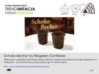POTRZBA RÓŻNORODNOŚCI

 TREND IMITACJA
 POZIOM CHOCOLATE




Schoko-Becher by Riegelein Confiserie
Wykonany z gorzkiej czekolady kubek, będący doskonałą alternatywą dla deserowych
miseczek – po skończonej uczcie można go w całości zjeść.
Źródło: www.schokolade-geht-immer.de/blog/schoko-becher


                                                                         119
 