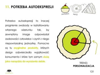 11. POTRZEBA AUTOEKSPRESJI


Potrzeba     autoekspresji    to   inaczej
pragnienie swobody w kształtowaniu
własnego       wizerunku       tak,    by
zewnętrzny      image        odpowiadał
osobowości człowieka i czynił z niego
niepowtarzalną jednostkę. Pomocne
są tu oryginalne produkty, których
design     odzwierciedla     wyjątkowość
konsumenta i które tym samym służą
jako narzędzia do wyrażenia siebie.
                                                 TREND:
                                             PERSONALIZACJA

                                                        131
 