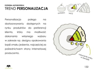 POTRZEBA AUTOEKSPRESJI

TREND PERSONALIZACJA

Personalizacja           polega        na
dostosowywaniu           dostępnych    na
rynku      produktów      do   preferencji
klienta,      który      ma    możliwość
dokonania          własnego       wyboru
w zakresie np. designu opakowania
bądź smaku jedzenia, najczęściej za
pośrednictwem strony internetowej
producenta.




                                             132
 