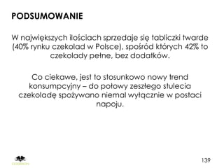PODSUMOWANIE

W największych ilościach sprzedaje się tabliczki twarde
(40% rynku czekolad w Polsce), spośród których 42% to
          czekolady pełne, bez dodatków.

     Co ciekawe, jest to stosunkowo nowy trend
    konsumpcyjny – do połowy zeszłego stulecia
 czekoladę spożywano niemal wyłącznie w postaci
                       napoju.




                                                    139
 