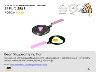 POTRZEBA DOZNAWANIA PRZYJEMNOŚCI ZMYSŁOWEJ

 TREND SEKS
 POZIOM FOOD




Heart Shaped Frying Pan
Patelnia, na której przygotować można jajka sadzone w kształcie serca – oryginalny
pomysł na śniadanie po długiej nocy we dwoje
Źródło: www.mentalfloss.com/blogs/archives/46558

                                                                               30
 