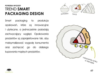 POTRZEBA WYGODY

TREND SMART
PACKAGING DESIGN
Smart    packaging         to     produkcja
opakowań,     które    są       innowacyjne
i użyteczne, a jednocześnie posiadają
zachwycający wygląd. Opakowania
produktów są zaprojektowane tak, aby
maksymalizować wygodę konsumenta
oraz    zachęcać      go    do     dalszego
kupowania mądrych produktów.




                                              49
 