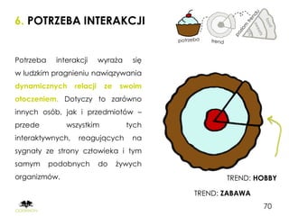 6. POTRZEBA INTERAKCJI


Potrzeba    interakcji      wyraża    się
w ludzkim pragnieniu nawiązywania
dynamicznych      relacji    ze   swoim
otoczeniem. Dotyczy to zarówno
innych osób, jak i przedmiotów –
przede         wszystkim             tych
interaktywnych,    reagujących        na
sygnały ze strony człowieka i tym
samym      podobnych        do    żywych
organizmów.                                        TREND: HOBBY

                                            TREND: ZABAWA
                                                            70
 