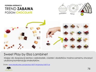 POTRZEBA INTERAKCJI

 TREND ZABAWA
 POZIOM CHOCOLATE




Sweet Play by Elsa Lambinet
Mając do dyspozycji zestaw czekoladek, ciastek i dodatków można samemu stworzyć
ulubioną kombinację smakołyków.
Źródło: www.trendhunter.com/photos/130771#!/photos/130771/6


                                                                          78
 