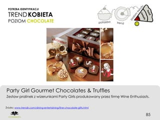POTRZBA IDENTYFIKACJI

  TREND KOBIETA
  POZIOM CHOCOLATE




Party Girl Gourmet Chocolates & Truffles
Zestaw pralinek z wizerunkami Party Girls produkowany przez firmę Wine Enthusiasts.


Źródło: www.trendir.com/dining-entertaining/fine-chocolate-gifts.html


                                                                                85
 