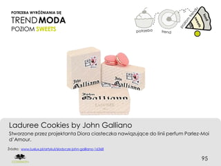 POTRZEBA WYRÓŻNIANIA SIĘ

  TREND MODA
  POZIOM SWEETS




Laduree Cookies by John Galliano
Stworzone przez projektanta Diora ciasteczka nawiązujące do linii perfum Parlez-Moi
d’Amour.
Źródło: www.luxlux.pl/artykul/slodycze-john-galliano-16368


                                                                               95
 