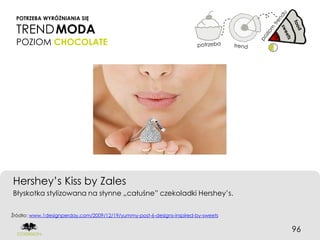 POTRZEBA WYRÓŻNIANIA SIĘ

 TREND MODA
 POZIOM CHOCOLATE




Hershey’s Kiss by Zales
Błyskotka stylizowana na słynne „całuśne” czekoladki Hershey’s.


Źródło: www.1designperday.com/2009/12/19/yummy-post-6-designs-inspired-by-sweets


                                                                                   96
 