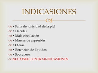 
 • Falta de tonicidad de la piel
 • Flacidez
 • Mala circulación
 • Marcas de expresión
 • Ojeras
 • Retención de líquidos
 • Sobrepeso
 NO POSEE CONTRAINDICASIONES
INDICASIONES
 