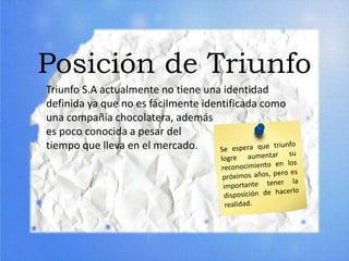 Posición de Triunfo
Triunfo S.A actualmente no tiene una identidad
definida ya que no es fácilmente identificada como
una compañía chocolatera, además
es poco conocida a pesar del
tiempo que lleva en el mercado.
 