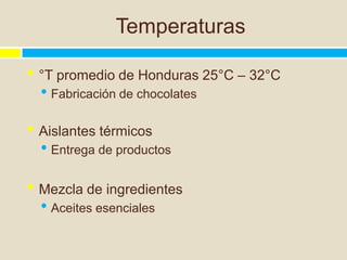 Temperaturas

• °T promedio de Honduras 25°C – 32°C
  • Fabricación de chocolates

• Aislantes térmicos
  • Entrega de productos

• Mezcla de ingredientes
  • Aceites esenciales
 