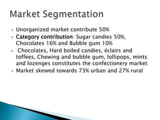  Unorganized market contribute 50%
 Category contribution: Sugar candies 50%,
Chocolates 16% and Bubble gum 10%
 Chocolates, Hard boiled candies, éclairs and
toffees, Chewing and bubble gum, lollipops, mints
and lozenges constitutes the confectionery market
 Market skewed towards 73% urban and 27% rural
 