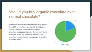 Would you buy organic chocolate over
normal chocolate?
The results of this question shows that most people
(over 80% of people we questioned) don’t buy/ eat
organic chocolate. This shows that organic
chocolate isn’t popular so in the documentary there
should be little if any time dedicated to organic
chocolate because it could cause people to turn the
documentary off.
 