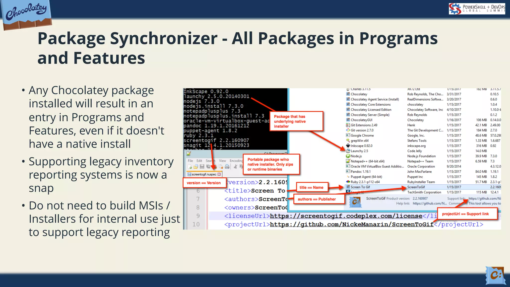 Package Synchronizer - All Packages in Programs and Features • Any Chocolatey package installed will result in an entry in Programs and Features, even if it doesn't have a native install • Supporting legacy inventory reporting systems is now a snap • Do not need to build MSIs / Installers for internal use just to support legacy reporting 