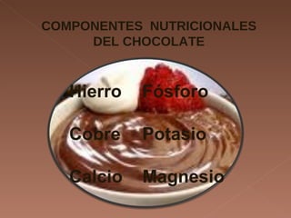 COMPONENTES  NUTRICIONALES DEL CHOCOLATE Hierro   Fósforo Cobre   Potasio Calcio  Magnesio 