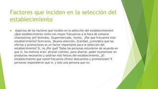 Factores que inciden en la selección del
establecimiento
 Aspectos de los factores que inciden en la selección del establecimiento4.
¿Qué establecimiento visita con mayor frecuencia a la hora de comprar
chocolatinas jet? 6tiendas, 3supermercado, 1exito, ¿Por que frecuenta este
establecimiento? 5cercania, 3buena atención, 2calidad, ¿considera que las
ofertas y promociones es un factor importante para la selección del
establecimiento? Sí, no ¿Por qué? Todas las personas estuvieron de acuerdo en
que si, los motivos eran: atraían clientes, para ahorrar, poder economizar en
productos necesarios y saldrían más felices del establecimiento, ¿El
establecimiento que usted frecuenta ofrece descuentos y promociones? 9
personas respondieron que sí, y solo una persona que no.
 