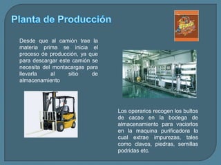 Planta de ProducciónDesde que al camión trae la materia prima se inicia el proceso de producción, ya que para descargar este camión se necesita del montacargas para llevarla al sitio de almacenamientoLos operarios recogen los bultos de cacao en la bodega de almacenamiento para vaciarlos en la maquina purificadora la cual extrae impurezas, tales como clavos, piedras, semillas podridas etc.
