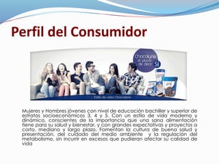 Perfil del Consumidor
Mujeres y Hombres jóvenes con nivel de educación bachiller y superior de
estratos socioeconómicos 3, 4 y 5. Con un estilo de vida moderno y
dinámico, conscientes de la importancia que una sana alimentación
tiene para su salud y bienestar, y con grandes expectativas y proyectos a
corto, mediano y largo plazo. Fomentan la cultura de buena salud y
presentación, del cuidado del medio ambiente y la regulación del
metabolismo, sin incurrir en excesos que pudieran afectar su calidad de
vida
 