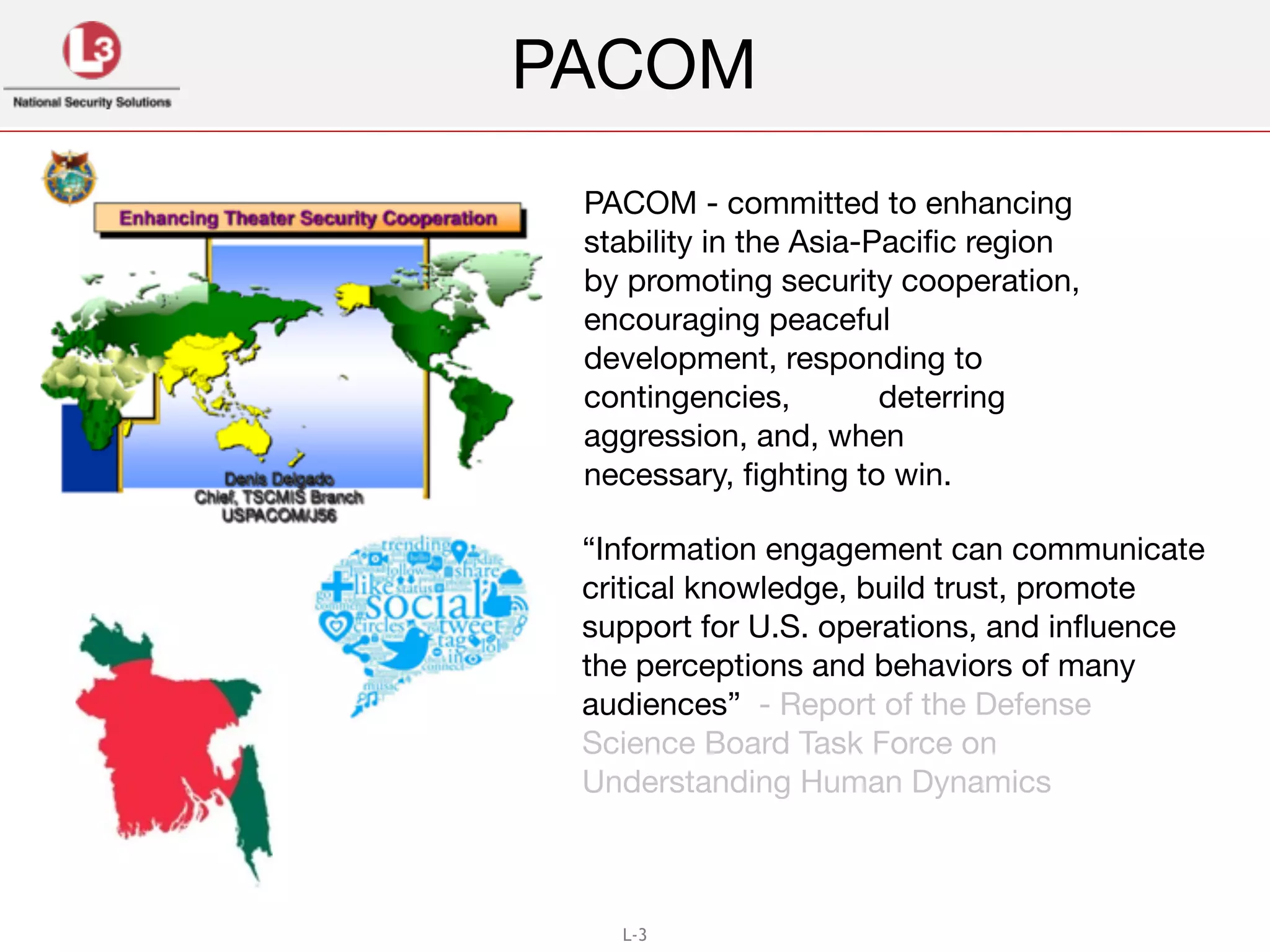 L-3
What is PACOM !
Where is PACOM!
Where is Bangladesh? !
Where is Dhaka?
PACOM - committed to enhancing
stability in the Asia-Pacific region
by promoting security cooperation,
encouraging peaceful
development, responding to
contingencies, deterring
aggression, and, when
necessary, fighting to win.
“Information engagement can communicate
critical knowledge, build trust, promote
support for U.S. operations, and influence
the perceptions and behaviors of many
audiences” - Report of the Defense
Science Board Task Force on
Understanding Human Dynamics
PACOM
 