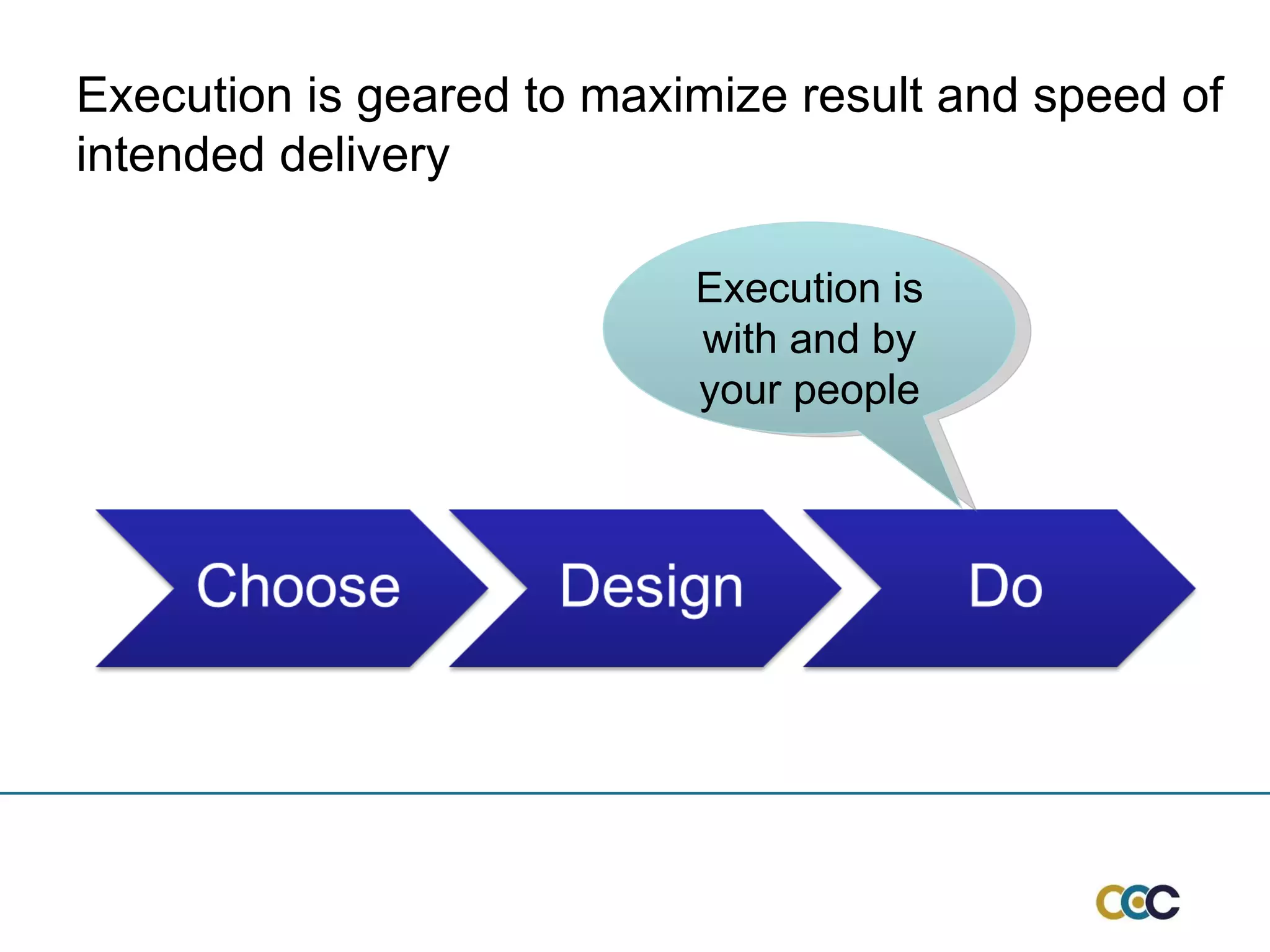 Execution is with and by your people Execution is geared to maximize result and speed of intended delivery 