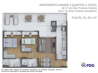 APARTAMENTO GARDEN 2 QUARTOS (1 SUÍTE)
60 m² de Área Privativa Coberta
18 m² de Área Privativa Descoberta
Final 02, 03, 06 e 07
As imagens deste material são meramente ilustrativas e as metragens estimativas, devendo o
Memorial de Incorporação ser consultado para maiores informações.
 