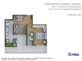 APARTAMENTO GARDEN 1 QUARTO
44 m² de Área Privativa Coberta
12 m² de Área Privativa Descoberta
Final 01 e 08
As imagens deste material são meramente ilustrativas e as metragens estimativas, devendo o
Memorial de Incorporação ser consultado para maiores informações.
 