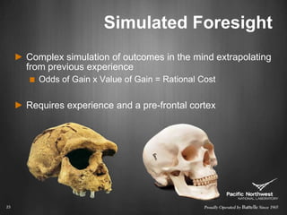 Simulated ForesightComplex simulation of outcomes in the mind extrapolating from previous experienceOdds of Gain x Value of Gain = Rational CostRequires experience and a pre-frontal cortex23