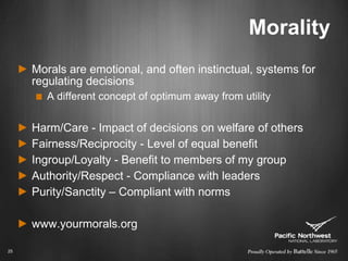 MoralityMorals are emotional, and often instinctual, systems for regulating decisionsA different concept of optimum away from utilityHarm/Care - Impact of decisions on welfare of othersFairness/Reciprocity - Level of equal benefitIngroup/Loyalty - Benefit to members of my groupAuthority/Respect - Compliance with leadersPurity/Sanctity – Compliant with normswww.yourmorals.org25