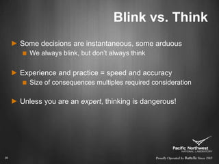 Blink vs. ThinkSome decisions are instantaneous, some arduousWe always blink, but don’t always thinkExperience and practice = speed and accuracySize of consequences multiples required considerationUnless you are an expert, thinking is dangerous!26