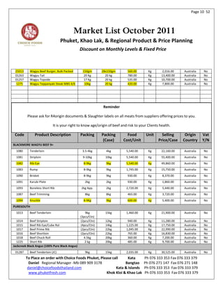 Page 10 52




                                          Market List October 2011
                                  Phuket, Khao Lak, & Regional Product & Price Planning
                                                Discount on Monthly Levels & Fixed Price



 25013     Wagyu Beef Burger, Bulk Packed        150gm       28x150gm        560.00       Kg       2,016.00    Australia   No
 01263     Wagyu Tail                             20 Kg        20 kg         780.00       Kg       13,400.00   Australia   No
 01257     Wagyu Topside                          17 Kg        20 kg         535.00       Kg       10,700.00   Australia   No
 1275      Wagyu Teppanyaki Steak MBS 4/6         10kg         20 kg         420.00       Kg       7,800.00    Australia   No




                                                              Reminder

          Please ask for R4origin documents & Slaughter labels on all meats from suppliers offering prices to you.

                             It is your right to know age/origin of beef and risk to your Clients health.

 Code          Product Description              Packing      Packing        Food         Unit      Selling      Origin     Vat
                                                              (Case)      Cost/Unit              Price/Case    Country     Y/N
BLACKMORE WAGYU BEEF 9+
  1080     Tenderloin                            3.5-4kg       4kg          5,540.00      Kg       22,160.00   Australia   No
  1081     Striploin                             9-10kg        10kg         5,540.00      Kg       55,400.00   Australia   No
  1082     Rib Eye                                8-9kg        9kg          5,540.00      Kg       49,860.00   Australia   No
  1083     Rump                                   8-9kg        9kg          1,745.00      Kg       15,750.00   Australia   No
  1090     Brisket                                8-9kg        9kg           930.00       Kg       8,370.00    Australia   No
  1091     Karubi Plate                            2kg         2kg           930.00       Kg       1,860.00    Australia   No
  1093     Boneless Short Rib                   2kg App.       2kg          2,720.00      Kg       5,440.00    Australia   No
  1087     Beef Trimming                           8kg         8kg           465.00       Kg       3,720.00    Australia   No
  1094     Knuckle                                8-9Kg        9kg           600.00       Kg       5,400.00    Australia   No
PURESOUTH
  1013     Beef Tenderloin                         9kg         15kg         1,460.00      Kg       21,900.00   Australia   No
                                                (3pcs/Ctn)
  1014      Beef Striploin                      (2pcs/Ctn)     12kg          940.00       Kg       11,280.00   Australia   No
  1015      Beef Rib Eye/Cube Rol               (4pcs/Ctn)     14kg         1,225.00      Kg       17,750.00   Australia   No
  1017      Beef Prime Rib                      (2pcs/Ctn)     22kg         1,045.00      Kg       22,990.00   Australia   No
  1016      Beef Shortloin                      (2pcs/Ctn)     22kg          765.00       Kg       16,830.00   Australia   No
  1018      Beef Chuck Roll                       4.5kg        20kg          360.00       Kg       7,200.00    Australia   No
  1225      Short Rib                              2 kg        20kg          485.00       Kg       9,700.00    Australia   No
Jackcreek Black Angus (100% Pure Black Angus)
 01287     Beef Tenderloin (JC)                    9kg         15kg         2,035.00      Kg       30,525.00   Australia   No
         To Place an order with Choice Foods Phuket, Please call     Kata              Ph 076 333 353 Fax 076 333 379
           Daniel Regional Manager -Mb 089 909 3178                Bangtao             Ph 076 271 147 Fax 076 271 148
          daniel@choicefoodsthailand.com                      Kata & Islands           Ph 076 333 353 Fax 076 333 379
           www.phuketfresh.com                          Khok Kloi & Khao Lak           Ph 076 333 353 Fax 076 333 379
 