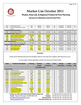 Page 14 52




                                            Market List October 2011
                                 Phuket, Khao Lak, & Regional Product & Price Planning
                                              Discount on Monthly Levels & Fixed Price



  New     Asian Master Stock                    1Kg          18x1Kg         585.00       Kg      10,530.00   Australia   Yes
  New     Premium Brown Sauce - Demi            1Kg          18x1Kg         580.00       Kg      10,440.00   Australia   Yes
          Glace
AUSTRALIAN GRASS FED BEEFyes
  1005    Beef Tenderloin PR (GH)             1.8-2.3kg      20 kg          1,155.00     Kg      22,300.00   Australia   No
AUSTRALIAN A BEEF - Grass Fed
  1001      Beef A Tenderloin (HV,Primo)      1.8-2.3kg      20 kg          1,115.00     Kg      21,000.00   Australia   No
  1003      Beef A Striploin (HV,Primo)          5kg         20 kg           585.00      Kg      10,400.00   Australia   No
  1008      Beef A Rib Eye (Primo)              4-6kg        20 kg          875..00      Kg      14,800.00   Australia   No
  1002      Beef Tenderloin (Catering)        1.8-2.3kg      20 kg            1000       Kg      18,300.00   Australia   No
Black Angus Grain fed
            Beef Tenderloin 120 Days (SW)     1.8-2.3kg      20 kg           1425        Kg      30,200.00   Australia   No
AUSTRALIAN Black Angus Beef (RH/PRS)
  9998      Beef Tenderloin (RH)               2.3 Kg        20 kg          1,465.00     Kg      24,900.00   Australia   No
  9996     Beef Striploin (RH)                  5 Kg         20 kg           830.00      Kg      13,900.00   Australia   No
  9997     Beef Ribeye (RH)                    4-6 Kg        20 kg          1,085.00     Kg      17,900.00   Australia   No


                                                            Reminder

         Please ask for R4origin documents & Slaughter labels on all meats from suppliers offering prices to you.

                           It is your right to know age/origin of beef and risk to your Clients health.

 Code          Product Description            Packing      Packing         Food         Unit     Selling      Origin     Vat
                                                            (Case)       Cost/Unit             Price/Case    Country     Y/N
                                                          Australian Lamb
Castricum lamb
 02014      Lamb Eye of Loin                    10 kg        20 kg          1,430.00     Kg      28,600.00   Australia   No
 02005      Lamb Leg Boneless Netted           1.15 kg       20 kg           570.00      Kg      11,400.00   Australia   No
 02016      Lamb Leg Easy Carve                  2kg         20 kg           500.00      Kg      10,000.00   Australia   No
 02004      Lamb Leg Bone In                   2-3 kg        20 kg           465.00      Kg      9,300.00    Australia   No
 02000      Lamb Rack Frenched Cap On           15kg         20 kg          1,040.00     Kg      20,800.00   Australia   No
 02018      Lamb Rack Frenched Cap Off          15kg         20 kg          1,335.00     Kg      26,700.00   Australia   No
 02002      Lamb Rack Hotel Special Cut         15kg         20 kg           740.00      Kg      14,800.00   Australia   No
 02007      Lamb Shank Special Cutt             15kg         20 kg           395.00      Kg      7,900.00    Australia   No
 02006      Lamb Shortloin (cut 90gm chops)   1-1.5 kg       20 kg           665.00      Kg      13,300.00   Australia   No
 02012      Lamb Shoulder Bone In               15 kg        20 kg           330.00      Kg      6,600.00    Australia   No
 02009      Lamb Shoulder Boneless              15 kg        20 kg           450.00      Kg      9,000.00    Australia   No
 02011      Lamb Rump                          8-10kg        20 kg           760.00      Kg      15,200.00   Australia   No
  2012      Lamb Shoulder Chop                100 gm+        20 kg           475.00      Kg      9,500.00    Australia   No
 76767      Lamb Eye Of Shoulder                 Call        20 kg           615.00      Kg      12,300.00   Australia   No
  2011      Lamb Rump Cap On                    9 Kg         20 kg           575.00      Kg      11,500.00   Australia   No
         To Place an order with Choice Foods Phuket, Please call     Kata              Ph 076 333 353 Fax 076 333 379
           Daniel Regional Manager -Mb 089 909 3178                Bangtao             Ph 076 271 147 Fax 076 271 148
          daniel@choicefoodsthailand.com                      Kata & Islands           Ph 076 333 353 Fax 076 333 379
           www.phuketfresh.com                          Khok Kloi & Khao Lak           Ph 076 333 353 Fax 076 333 379
 
