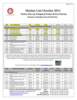 Page 17 52




                                             Market List October 2011
                                    Phuket, Khao Lak, & Regional Product & Price Planning
                                                  Discount on Monthly Levels & Fixed Price



  4126      Trufka Truffel Pearls                  55gm       12 x 55 gm      550.00        Pc     6,600.00         Spain      Yes
                                                       Products from Greece and Australia
BOUNDARY BEND ESTATE - EXTRA VIRGIN OLIVE OIL
 14060     Extra Virgin Olive Oil              500ml           6x500ml      225.00/Btl      Pc     1,350.00       Australia    Yes
 14062     Extra Virgin Olive Oil               20lt             20lt        275.00/L       Pc     5,500.00       Australia    Yes
 14063     Extra Virgin Olive Oil                4L              3x4L        345.00/L       Pc     4,140.00       Australia    Yes
 13045     Olive Oil Australia Crop             20L              20lt        210.00/L       Pc     4,200.00       Australia    Yes
Cobram Estate - Extra Virgin Olive Oil
 14095     Rich & Robust                       375ml           6x250ml      180.00/Btl      Pc      810.00        Australia    Yes
 14096     Fresh & Fruity                      375ml           6x250ml      180.00/Btl      Pc      810.00        Australia    Yes
 14094     Lemon Twist                         375ml           6x250ml      180.00/Btl      Pc      810.00        Australia    Yes
Russo Family Selection-Olives from Australia
           Kalamata Black, Giant (size 141-
 14087                                       12kg/Pail         12kg/Pail    340.00 N/A      Kg     4,080.00       Australia    Yes
           160)
           Kalamata Black, Extra Jumbo (size
 14086                                       12kg/Pail         12kg/Pail    325.00 N/A      Kg     3,900.00       Australia    Yes
           161-180)
 14092     Pate of Black Olives "Tapenade"    4kg/Pail          4kg/Pail    750.00 N/A      Kg     3,000.00       Australia    Yes
 14089     Kalamata Black, Pitted Olives      7kg/Pail          7kg/Pail    435.00 N/A      Kg     3,045.00       Australia    Yes
 15115     Wild Olives Australian             7kg/Pail          7kg/Pail    325.00 N/A      Kg     2,275.00       Australia    Yes
 14124     Kalamata Green (Manzanillo)       11 Kg/Pail        11 Kg/Pail   240.00 N/A      kg     2,640.00       Australia    Yes

   From the cool, clean waters of the Australian Southern Ocean comes the renowned Jade Tiger Abalone. Jade Tiger Abalone™ is
  bred for its unique combination of sweetness and medium texture making it the gourmet's choice. It is bred exclusively by Great
    Southern Waters and is a cherished delicacy worldwide. Great Southern Waters is the largest abalone operation in Australia
                                     focused on direct delivery of premium Australian abalone.



                       More Information please visit Jade tiger website: www.jadetiger.com.au

 Code           Product Description               Packing      Packing        Food        Unit     Selling        Origin      Vat
                                                                (Case)      Cost/Unit            Price/Case      Country      Y/N
Olives (Kanakis) from Greek
            Kalamata Black, Colossal (size 121-
 14120                                             5kg/Pail      4x5kg      320.00 N/A      Kg     6,400.00        Greece      Yes
            140)
            Kalamata Black, Jumbo (size 181-
 14121                                             5kg/Pail      4x5kg      250.00N/A       Kg     5,000.00        Greece      Yes
            200)
            Kalamata Black, Superior (size
 14122                                             5kg/Pail      4x5kg      230.00N/A       Kg     4,600.00        Greece      Yes
            261-290)
 14128      Kalamata Black, Pitted Olives          5kg/Pail      4x5kg      280.00 N/A      Kg     5,600.00        Greece      Yes
 14123      Pate of Black Olives "Tapenade"        3kg/Pail      4x3kg      360.00 N/A      Kg     4,320.00        Greece      Yes
            Kalamata Green, Colossal (size
 14124                                             5kg/Pail      4x5kg      290.00 N/A      Kg     5,800.00        Greece      Yes
            121-140)
 14125      Kalamata Green, Jumbo (size 181-       5kg/Pail      4x5kg      260.00 N/A      Kg     5,200.00        Greece      Yes
         To Place an order with Choice Foods Phuket, Please call     Kata                Ph 076 333 353 Fax 076 333 379
           Daniel Regional Manager -Mb 089 909 3178                Bangtao               Ph 076 271 147 Fax 076 271 148
          daniel@choicefoodsthailand.com                      Kata & Islands             Ph 076 333 353 Fax 076 333 379
           www.phuketfresh.com                          Khok Kloi & Khao Lak             Ph 076 333 353 Fax 076 333 379
 
