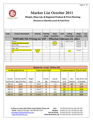 Page 37 52




                                          Market List October 2011
                                Phuket, Khao Lak, & Regional Product & Price Planning
                                               Discount on Monthly Levels & Fixed Price




Code        Product Description                 Packing   Packing     Food      Unit     Selling       Origin    Vat
                                                           (Case)   Cost/Unit          Price/Case     Country    Y/N
          POPCAKE FOL Pricing Inc VAT – Effective February 21, 2011
        Machine                                                       50,000     PC    FREE on Loan   Thailand   Yes
        Pancake POPCAKE Savory Mix                                   5,937.43   Box                   Thailand   Yes
        Mix Per Bag                                                   296.87    Bag                   Thailand   Yes
        Minimum Re-Purchase Order of                                            Boxe                  Thailand   Yes
                                                             3
        Boxes - Mix                                                               s
        Belts Supplied Free with every third    PANCAKE                                               Thailand
                                                                                          FREE
        box                                      BELTS




       To Place an order with Choice Foods Phuket, Please call     Kata         Ph 076 333 353 Fax 076 333 379
         Daniel Regional Manager -Mb 089 909 3178                Bangtao        Ph 076 271 147 Fax 076 271 148
        daniel@choicefoodsthailand.com                      Kata & Islands      Ph 076 333 353 Fax 076 333 379
         www.phuketfresh.com                          Khok Kloi & Khao Lak      Ph 076 333 353 Fax 076 333 379
 