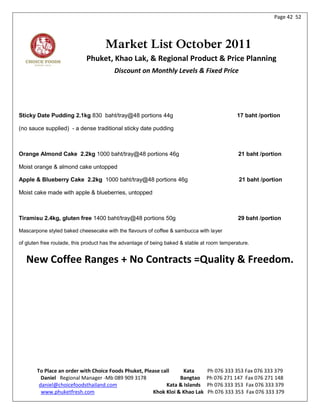 Page 42 52




                                     Market List October 2011
                             Phuket, Khao Lak, & Regional Product & Price Planning
                                         Discount on Monthly Levels & Fixed Price




Sticky Date Pudding 2.1kg 830 baht/tray@48 portions 44g                                      17 baht /portion

(no sauce supplied) - a dense traditional sticky date pudding



Orange Almond Cake 2.2kg 1000 baht/tray@48 portions 46g                                       21 baht /portion

Moist orange & almond cake untopped

Apple & Blueberry Cake 2.2kg 1000 baht/tray@48 portions 46g                                   21 baht /portion

Moist cake made with apple & blueberries, untopped



Tiramisu 2.4kg, gluten free 1400 baht/tray@48 portions 50g                                    29 baht /portion

Mascarpone styled baked cheesecake with the flavours of coffee & sambucca with layer

of gluten free roulade, this product has the advantage of being baked & stable at room temperature.


   New Coffee Ranges + No Contracts =Quality & Freedom.




       To Place an order with Choice Foods Phuket, Please call     Kata         Ph 076 333 353 Fax 076 333 379
         Daniel Regional Manager -Mb 089 909 3178                Bangtao        Ph 076 271 147 Fax 076 271 148
        daniel@choicefoodsthailand.com                      Kata & Islands      Ph 076 333 353 Fax 076 333 379
         www.phuketfresh.com                          Khok Kloi & Khao Lak      Ph 076 333 353 Fax 076 333 379
 