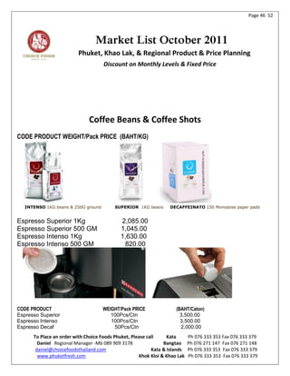 Page 46 52




                                 Market List October 2011
                         Phuket, Khao Lak, & Regional Product & Price Planning
                                     Discount on Monthly Levels & Fixed Price




                              Coffee Beans & Coffee Shots
CODE PRODUCT WEIGHT/Pack PRICE (BAHT/KG)




   INTENSO 1KG beans & 250G ground        SUPERIOR 1KG beans      DECAFFEINATO 150 Monodose paper pads


Espresso Superior 1Kg                       2,085.00
Espresso Superior 500 GM                    1,045.00
Espresso Intenso 1Kg                        1,630.00
Espresso Intenso 500 GM                      820.00




CODE PRODUCT                         WEIGHT/Pack PRICE               (BAHT/Caton)
Espresso Superior                       100Pcs/Ctn                     3,500.00
Espresso Intenso                        100Pcs/Ctn                     3,500.00
Espresso Decaf                           50Pcs/Ctn                     2,000.00
      To Place an order with Choice Foods Phuket, Please call     Kata      Ph 076 333 353 Fax 076 333 379
        Daniel Regional Manager -Mb 089 909 3178                Bangtao     Ph 076 271 147 Fax 076 271 148
       daniel@choicefoodsthailand.com                      Kata & Islands   Ph 076 333 353 Fax 076 333 379
        www.phuketfresh.com                          Khok Kloi & Khao Lak   Ph 076 333 353 Fax 076 333 379
 