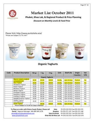 Page 47 52




                                       Market List October 2011
                              Phuket, Khao Lak, & Regional Product & Price Planning
                                           Discount on Monthly Levels & Fixed Price




Please Visit: http://www.puntoitalia.asia/
*Prices are Subject To 7% VAT*




                                                  Organic Yoghurts


 Code       Product Description         150 gr.       1 kg       5 kg.    Unit     Shelf Life     Origin        Vat
                                                                                                 Country        Y/N
                                                       Organic Yoghurts
           Bianco creamy yoghurt
                                          26.00      110.00      500.00   Gm/Kg   Upto 18 days   Thailand       Yes
           (unsweetened)
           Sour Yoghurt                   26.00      110.00      500.00   Gm/Kg   Upto 18 days   Thailand       Yes
           Strawberry Yoghurt             29.00      132.00      630.00   Gm/Kg   Upto 18 days   Thailand       Yes
           Peach Yoghurt                  29.00      132.00      630.00   Gm/Kg   Upto 18 days   Thailand       Yes
           Blueberry Yoghurt              33.00      160.00      750.00   Gm/Kg   Upto 18 days   Thailand       Yes
           Mango Yoghurt                  29.00      132.00      630.00   Gm/Kg   Upto 18 days   Thailand       Yes
           Pineapple Yoghurt              29.00      132.00      630.00   Gm/Kg   Upto 18 days   Thailand       Yes
           Raspberry Yoghurt              33.00      160.00      750.00   Gm/Kg   Upto 18 days   Thailand       Yes
           Cranberry Yoghurt              33.00      160.00      750.00   Gm/Kg   Upto 18 days   Thailand       Yes
           Apple&Cinnamon Yoghurt         29.00      132.00      630.00   Gm/Kg   Upto 18 days   Thailand       Yes
           Healthy Yoghurt
                                          39.00      160.00      630.00   Gm/Kg   Upto 18 days   Thailand       Yes
           Granola&Honey
           Greek Yoghurt                             130.00      630.00   Gm/Kg   Upto 18 days   Thailand       Yes
             Price Is Subject To 7% VAT & 3 Days In Advance*


        To Place an order with Choice Foods Phuket, Please call     Kata      Ph 076 333 353 Fax 076 333 379
          Daniel Regional Manager -Mb 089 909 3178                Bangtao     Ph 076 271 147 Fax 076 271 148
         daniel@choicefoodsthailand.com                      Kata & Islands   Ph 076 333 353 Fax 076 333 379
          www.phuketfresh.com                          Khok Kloi & Khao Lak   Ph 076 333 353 Fax 076 333 379
 