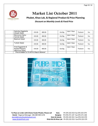 Page 50 52




                               Market List October 2011
                      Phuket, Khao Lak, & Regional Product & Price Planning
                                   Discount on Monthly Levels & Fixed Price



   Salonika Eggplants                                                     Upto 7 days
                                 193.00      380.00            Gm/Kg                    Thailand       Yes
   (GreeK Style)
   Morroccon Spicy                                                        Upto 7 days
                                 193.00      380.00            Gm/Kg                    Thailand       Yes
   Carrots Salad
   Beetroot Salad                                                         Upto 7 days
                                 193.00      380.00            Gm/Kg                    Thailand       Yes
   Turkish Salad                                                          Upto 7 days
                                 193.00      380.00            Gm/Kg                    Thailand       Yes
   Fried Eggplants &                                                      Upto 7 days
   Rosted Peppers                193.00      380.00            Gm/Kg                    Thailand       Yes
   (Morrccon style)
     Price Is Subject To 7% VAT & 3 Days In Advance*




To Place an order with Choice Foods Phuket, Please call     Kata      Ph 076 333 353 Fax 076 333 379
  Daniel Regional Manager -Mb 089 909 3178                Bangtao     Ph 076 271 147 Fax 076 271 148
 daniel@choicefoodsthailand.com                      Kata & Islands   Ph 076 333 353 Fax 076 333 379
  www.phuketfresh.com                          Khok Kloi & Khao Lak   Ph 076 333 353 Fax 076 333 379
 